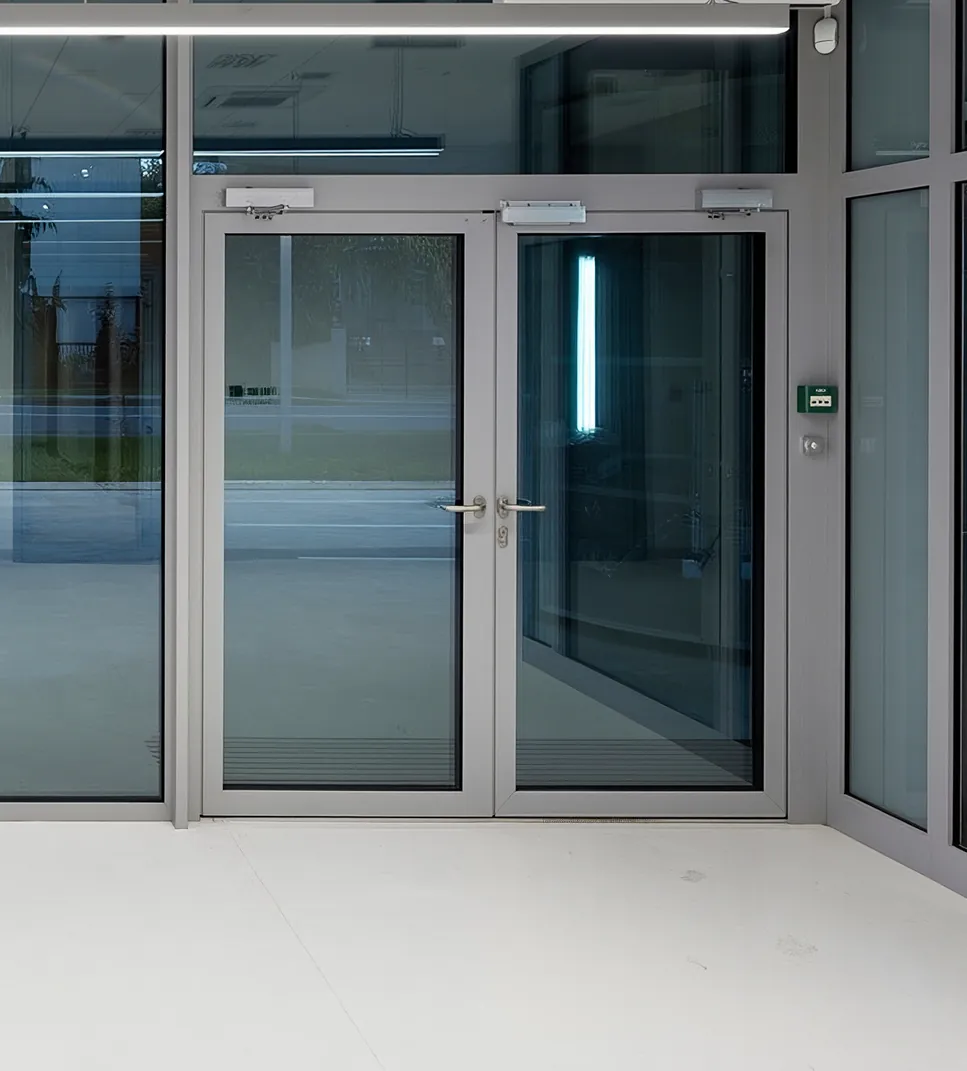 Aluminiowe drzwi lokalowe dwuskrzydłowe z samozamykaczami w przeszklonym holu budynku
